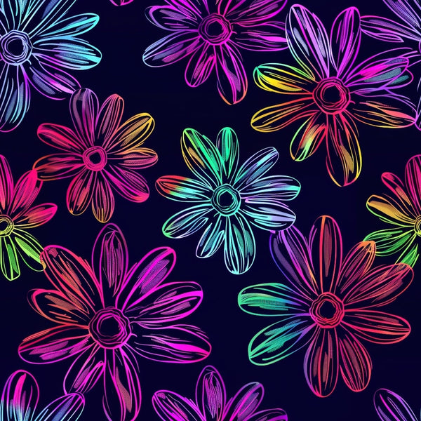 Neon Daisy Pattern 17 Fabric showing multicolor daisy flowers in vibrant neon hues on dark background, floral design, quilting textile, soft cotton material, bright, colorful, decorative fabric, artisan printed, premium quality cotton fabric for sewing and quilting projects