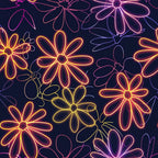 Neon Daisy Pattern 18 Fabric, quilting, cotton, fabric, floral, neon colors, yellow, pink, purple, glowing, daisy design, black background, textile, sewing, craft material, decorative, vibrant, bright, premium cotton fabric.