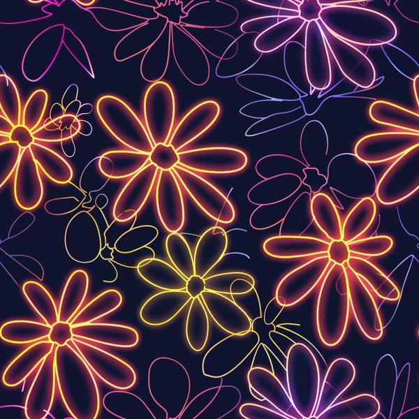 Neon Daisy Pattern 18 Fabric, quilting, cotton, fabric, floral, neon colors, yellow, pink, purple, glowing, daisy design, black background, textile, sewing, craft material, decorative, vibrant, bright, premium cotton fabric.