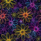 Neon Daisy Pattern 19 Fabric featuring multicolored neon daisies, floral design, bright yellow, blue, pink, purple flowers, dark background, decorative textile, vibrant, sewing material, colorful fabric yardage.