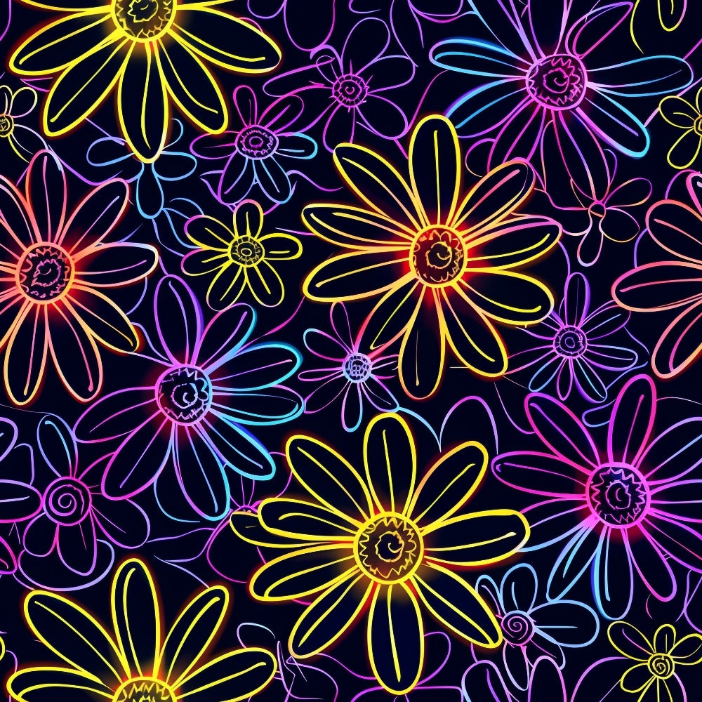 Neon Daisy Pattern 19 Fabric featuring multicolored neon daisies, floral design, bright yellow, blue, pink, purple flowers, dark background, decorative textile, vibrant, sewing material, colorful fabric yardage.