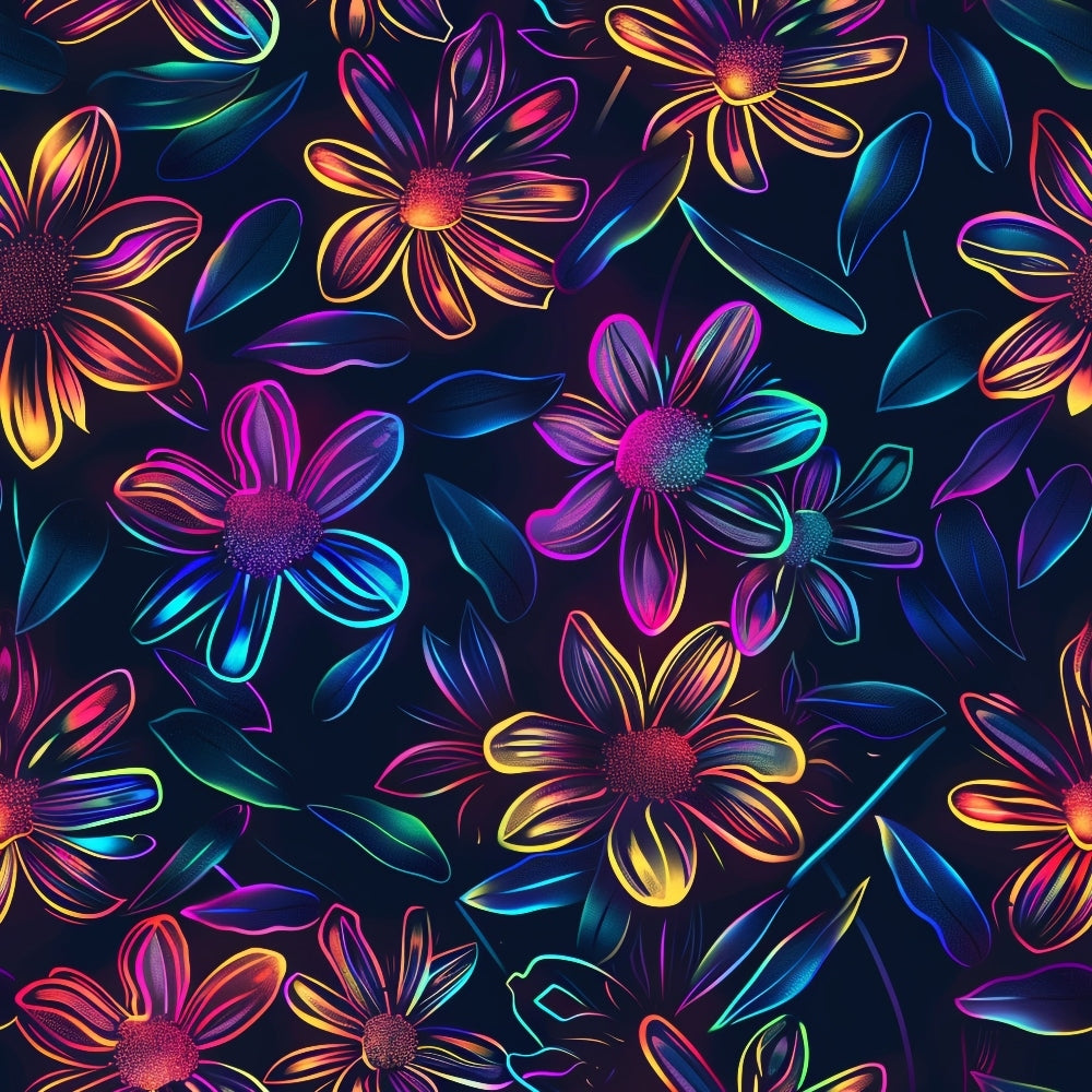 Neon Daisy Pattern 2 Fabric - quilting, cotton, fabric, floral, daisy, neon, vibrant, colorful, bright, multicolor, glowing, textile, material, blossom, petals, leaves, decorative, artistic, seamless, continuous, soft, premium