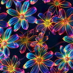 Neon Daisy Pattern 20 Fabric featuring vibrant multicolor floral designs, glowing daisies, radiant petals, bright neon hues, black background, quilting material, colorful textile, illuminated flowers, premium cotton fabric, decorative vibrant floral print.