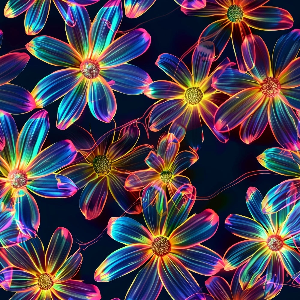 Neon Daisy Pattern 20 Fabric featuring vibrant multicolor floral designs, glowing daisies, radiant petals, bright neon hues, black background, quilting material, colorful textile, illuminated flowers, premium cotton fabric, decorative vibrant floral print.