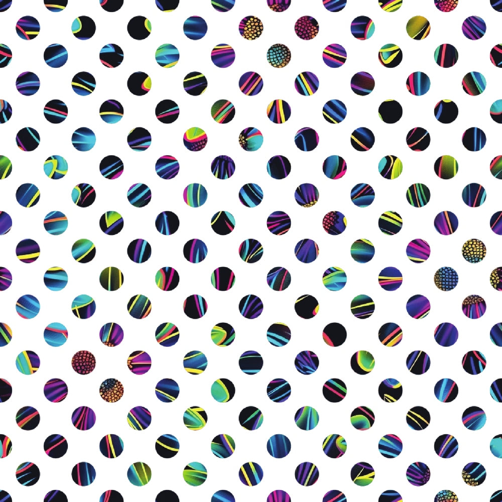 colorful circles, polka dots, neon colors, geometric pattern, bright blues, vivid purples, electric greens, hot pink, turquoise, striped circles, dotted circles, contemporary design, modern fabric,, fabric panel, vibrant pattern, circular motifs, rainbow colors, craft fabric, piecing fabric