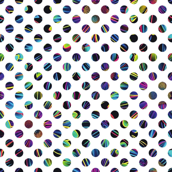 colorful circles, polka dots, neon colors, geometric pattern, bright blues, vivid purples, electric greens, hot pink, turquoise, striped circles, dotted circles, contemporary design, modern fabric,, fabric panel, vibrant pattern, circular motifs, rainbow colors, craft fabric, piecing fabric
