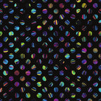 neon colors, black background, circular dots, striped patterns, geometric design, polka dots, rainbow stripes, vibrant hues, electric blue, hot pink, lime green, purple, turquoise, yellow accents, modern pattern,, fabric panel, contemporary style, bright colorway, scattered circles