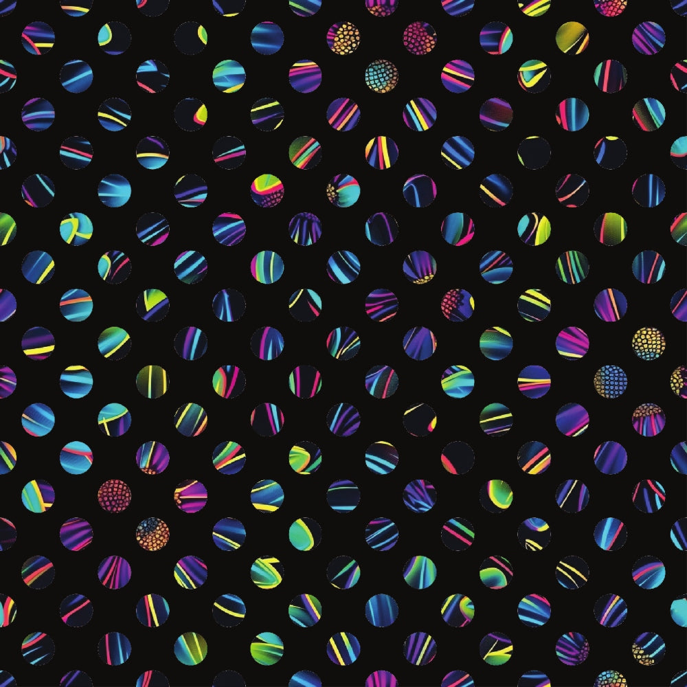 neon colors, black background, circular dots, striped patterns, geometric design, polka dots, rainbow stripes, vibrant hues, electric blue, hot pink, lime green, purple, turquoise, yellow accents, modern pattern,, fabric panel, contemporary style, bright colorway, scattered circles