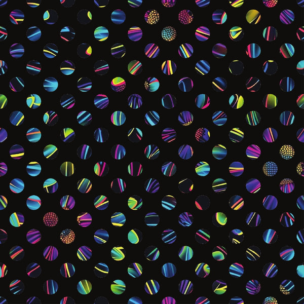 neon colors, black background, circular dots, striped patterns, geometric design, polka dots, rainbow stripes, vibrant hues, electric blue, hot pink, lime green, purple, turquoise, yellow accents, modern pattern,, fabric panel, contemporary style, bright colorway, scattered circles