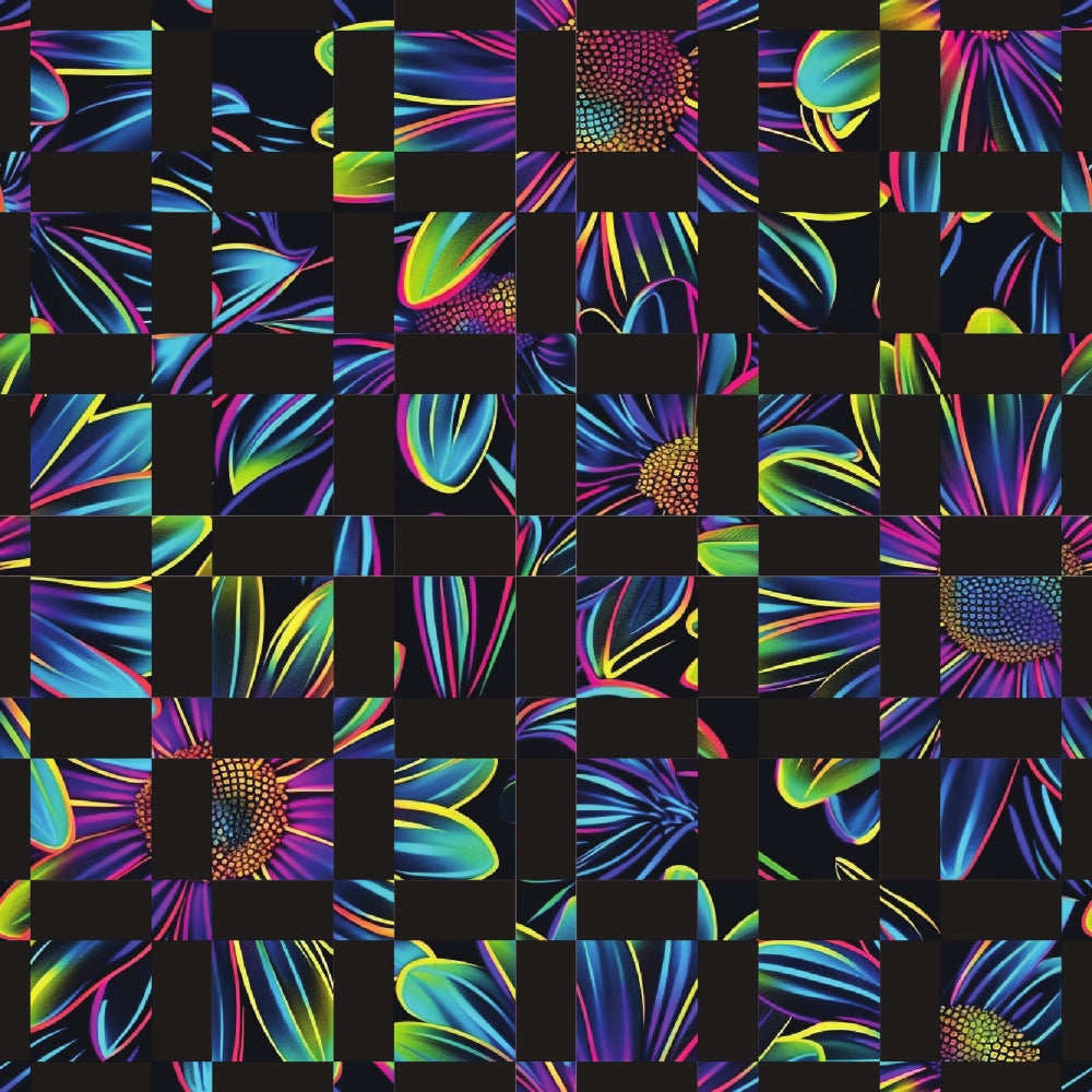 neon colors, electric blue, hot pink, lime green, yellow, purple, daisy flowers, floral pattern, geometric blocks, checkered layout,, fabric panel, psychedelic style, vibrant petals, flower centers, rainbow effect, modern floral, electric colors, patchwork design, botanical motifs