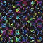 neon colors, electric blue, hot pink, lime green, yellow, purple, daisy flowers, floral pattern, geometric blocks, checkered layout,, fabric panel, psychedelic style, vibrant petals, flower centers, rainbow effect, modern floral, electric colors, patchwork design, botanical motifs