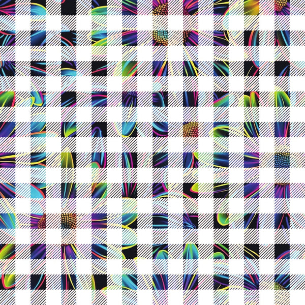 neon colors, geometric squares,, fabric panel, bright blues, vibrant greens, hot pink, electric purple, lime green, turquoise, magenta, checkerboard pattern, grid layout, modern abstract, contemporary design, quilting blocks, cotton fabric, rainbow colors, digital print, craft fabric