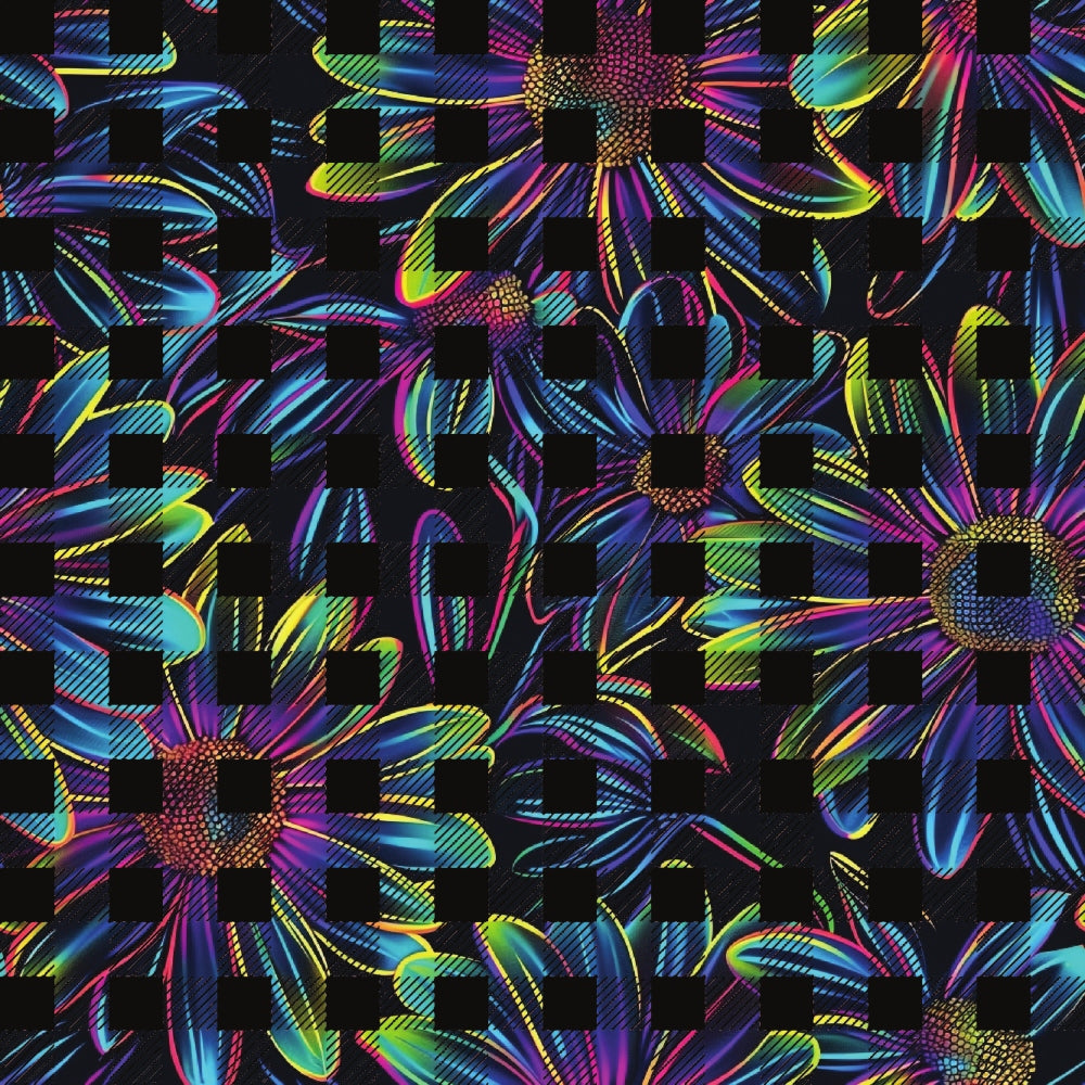 neon colors, bright rainbow, electric blue, hot pink, lime green, daisy flowers, floral pattern, psychedelic style, holographic effect, iridescent petals,, fabric panel, vibrant blooms, multi-colored, fluorescent hues, flower centers, overlapping daisies, modern floral, electric colors, cotton fabric