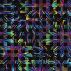 neon colors, bright rainbow, electric blue, hot pink, lime green, daisy flowers, floral pattern, psychedelic style, holographic effect, iridescent petals,, fabric panel, vibrant blooms, multi-colored, fluorescent hues, flower centers, overlapping daisies, modern floral, electric colors, cotton fabric