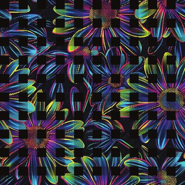 neon colors, bright rainbow, electric blue, hot pink, lime green, daisy flowers, floral pattern, psychedelic style, holographic effect, iridescent petals,, fabric panel, vibrant blooms, multi-colored, fluorescent hues, flower centers, overlapping daisies, modern floral, electric colors, cotton fabric