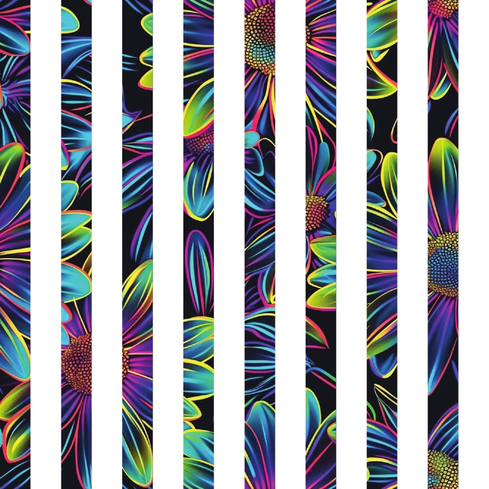 neon colors, electric blue, hot pink, lime green, yellow, purple, daisy flowers, floral pattern, psychedelic style, vibrant strips, quilting cotton, fabric panel, rainbow colors, flower centers, petals, striped layout, bright florals, modern floral, electric colors, cotton fabric