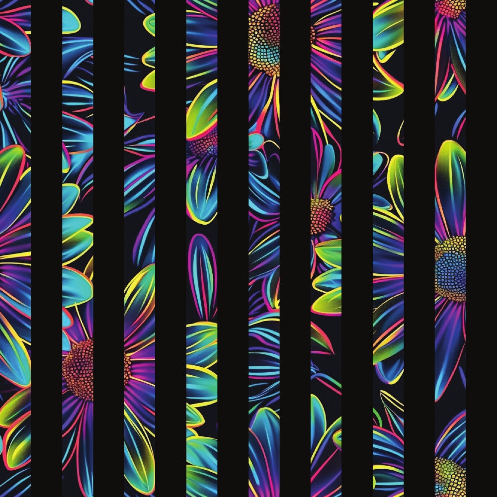 neon colors, vibrant daisies, fluorescent petals, black stripes, electric blue, hot pink, lime green, yellow accents, purple hues, rainbow flowers, psychedelic pattern, floral motif, quilting cotton, fabric panel, modern art style, bright botanical, colorful blooms, contemporary design, striking contrast, vivid florals