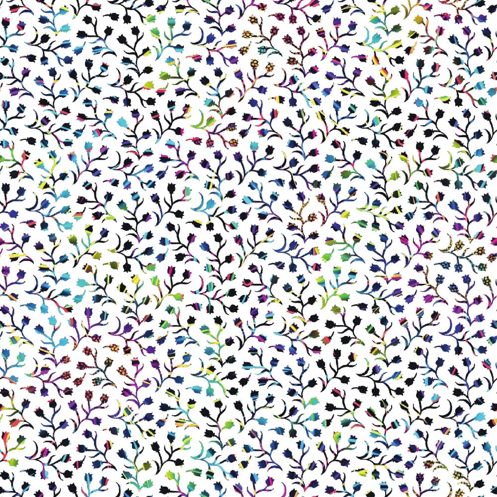 neon colors, floral pattern, daisy flowers, branching vines, multicolored blooms, bright purple, electric blue, lime green, hot pink, yellow accents, small scale florals, ditsy print,, fabric panel, contemporary style, vibrant design, scattered flowers, botanical motifs, crafting material, modern floral