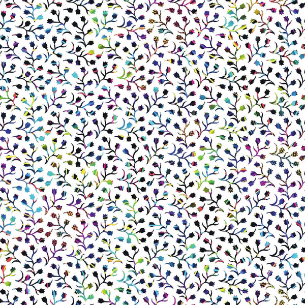 neon colors, floral pattern, daisy flowers, branching vines, multicolored blooms, bright purple, electric blue, lime green, hot pink, yellow accents, small scale florals, ditsy print,, fabric panel, contemporary style, vibrant design, scattered flowers, botanical motifs, crafting material, modern floral