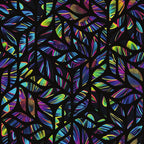 neon colors, rainbow stripes, holographic effect, iridescent petals, daisy flowers, floral pattern, black background, vibrant hues, electric blue, hot pink, lime green, purple accents, yellow highlights, striped petals, geometric florals, psychedelic style,, fabric panel, modern floral, luminous design