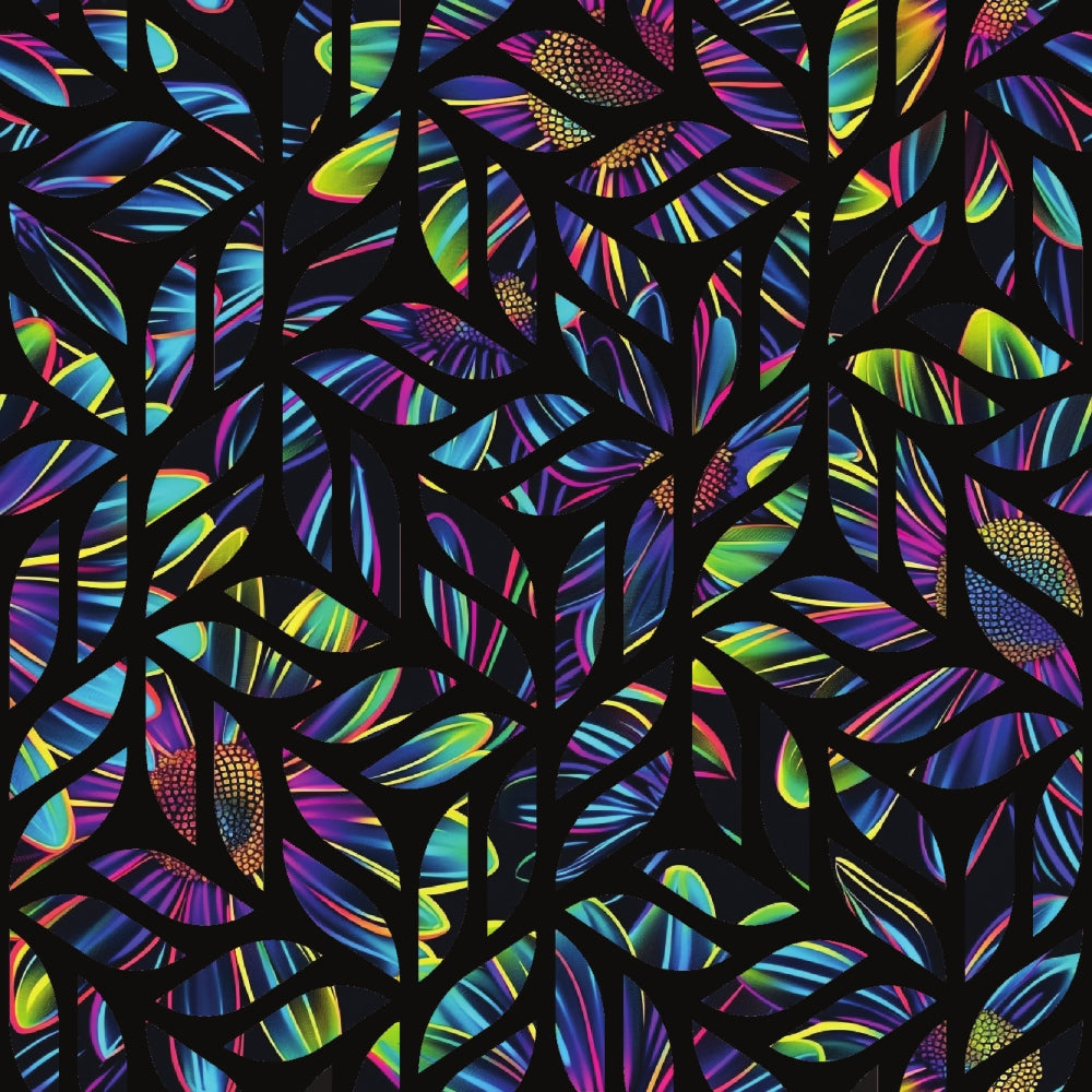 neon colors, rainbow stripes, holographic effect, iridescent petals, daisy flowers, floral pattern, black background, vibrant hues, electric blue, hot pink, lime green, purple accents, yellow highlights, striped petals, geometric florals, psychedelic style,, fabric panel, modern floral, luminous design