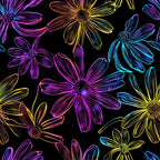 Neon Daisy Pattern 3 Fabric featuring vibrant floral design, neon colors, multicolored flowers, daisy motifs, textile, bright yellow, purple, blue, pink hues, fabric yardage, decorative floral print, premium material, colorful floral pattern on black background.