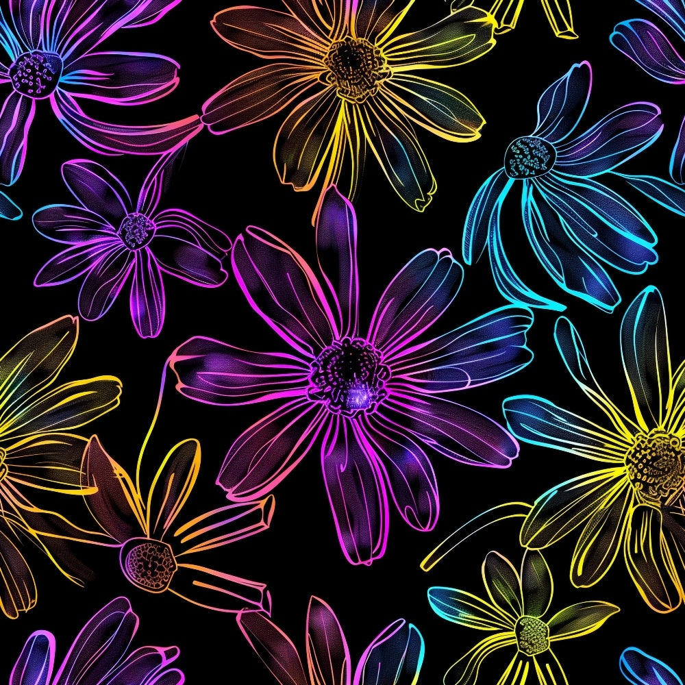 Neon Daisy Pattern 3 Fabric featuring vibrant floral design, neon colors, multicolored flowers, daisy motifs, textile, bright yellow, purple, blue, pink hues, fabric yardage, decorative floral print, premium material, colorful floral pattern on black background.