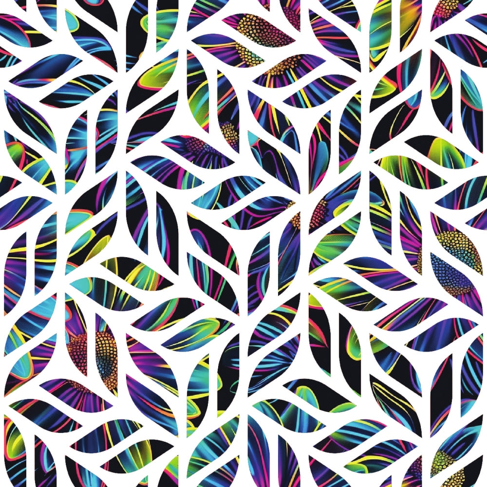 neon colors, rainbow leaves, holographic effect, iridescent foliage, white branches, tropical leaves, vibrant purples, electric blues, bright greens, botanical pattern, nature motif,, fabric panel, modern abstract, psychedelic colors, leaf silhouettes, contemporary design, bright neon, metallic accents