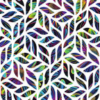 neon colors, rainbow leaves, holographic effect, iridescent foliage, white branches, tropical leaves, vibrant purples, electric blues, bright greens, botanical pattern, nature motif,, fabric panel, modern abstract, psychedelic colors, leaf silhouettes, contemporary design, bright neon, metallic accents