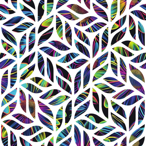 neon colors, rainbow leaves, holographic effect, iridescent foliage, white branches, tropical leaves, vibrant purples, electric blues, bright greens, botanical pattern, nature motif,, fabric panel, modern abstract, psychedelic colors, leaf silhouettes, contemporary design, bright neon, metallic accents