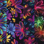 neon colors, electric pink, bright yellow, vivid blue, lime green, purple, orange, daisy flowers, floral pattern, psychedelic style, vibrant petals, black background, glowing effect, modern art,, fabric panel, botanical design, fluorescent colors, contemporary florals, electric blooms