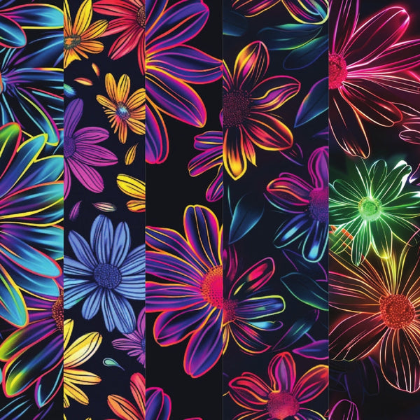 neon colors, electric pink, bright yellow, vivid blue, lime green, purple, orange, daisy flowers, floral pattern, psychedelic style, vibrant petals, black background, glowing effect, modern art,, fabric panel, botanical design, fluorescent colors, contemporary florals, electric blooms