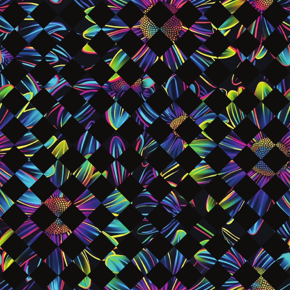 neon colors, vibrant florals, daisy pattern, electric blue, hot pink, lime green, yellow accents, purple highlights, geometric layout, diamond arrangement,, fabric panel, psychedelic flowers, retro style, bright petals, floral motifs, kaleidoscope effect, rainbow colors, modern florals, crafting material
