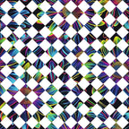 neon colors, electric blue, hot pink, lime green, purple, yellow, geometric pattern, diamond checkerboard, iridescent stripes, holographic effect, metallic accents, modern abstract, psychedelic design,, fabric panel, vibrant colors, contemporary art, digital print, crafting material, patchwork design