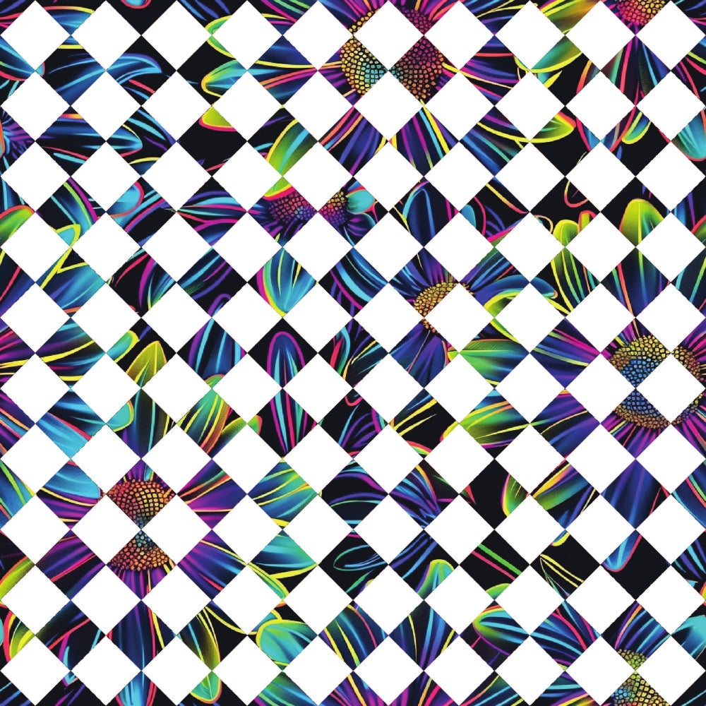 neon colors, electric blue, hot pink, lime green, purple, yellow, geometric pattern, diamond checkerboard, iridescent stripes, holographic effect, metallic accents, modern abstract, psychedelic design,, fabric panel, vibrant colors, contemporary art, digital print, crafting material, patchwork design