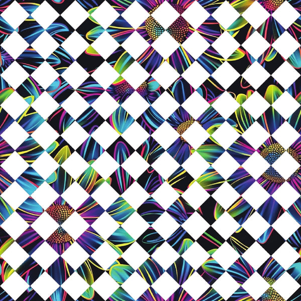 neon colors, electric blue, hot pink, lime green, purple, yellow, geometric pattern, diamond checkerboard, iridescent stripes, holographic effect, metallic accents, modern abstract, psychedelic design,, fabric panel, vibrant colors, contemporary art, digital print, crafting material, patchwork design