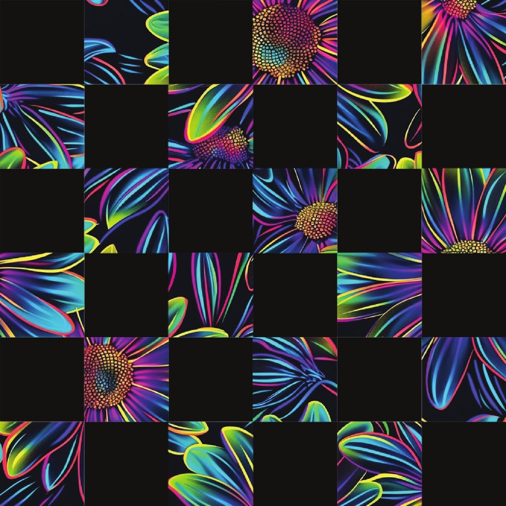 neon colors, fluorescent pink, electric blue, lime green, bright yellow, rainbow petals, daisy flowers, floral pattern, checkerboard layout,, fabric panel, psychedelic style, vibrant blooms, flower centers, patchwork squares, modern floral, geometric arrangement, tropical colors, artistic daisies, contemporary design