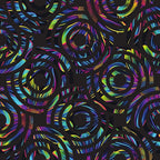 neon colors, electric blue, hot pink, lime green, yellow, purple, swirling patterns, spiral design, radiating circles, psychedelic style, vibrant florals, abstract flowers,, fabric panel, groovy motifs, retro vibes, kaleidoscope effect, geometric swirls, bright rainbow hues, modern art style