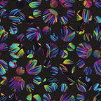 neon colors, rainbow florals, daisy flowers, psychedelic daisies, holographic petals, iridescent blooms, electric blue, hot pink, lime green, purple petals, multicolor flowers, digital art style, modern floral, geometric circles,, fabric panel, contemporary design, vibrant pattern, fluorescent colors, kaleidoscope effect