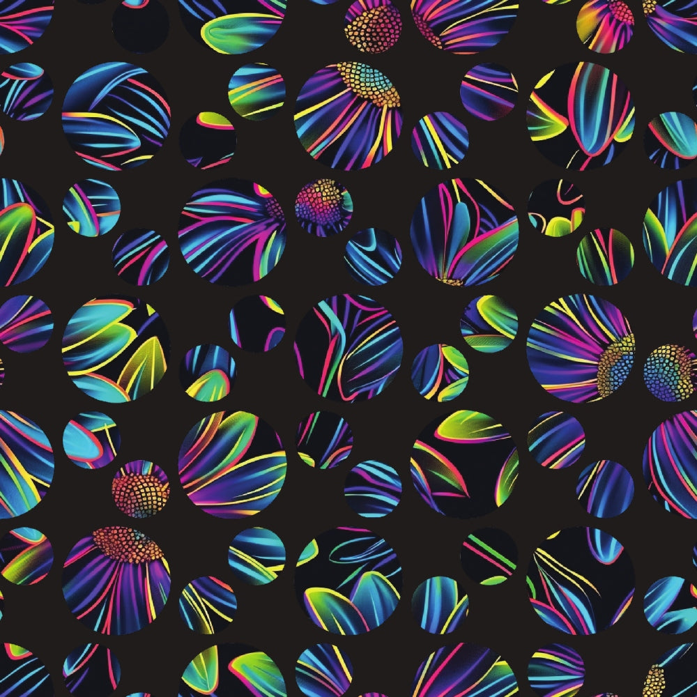 neon colors, rainbow florals, daisy flowers, psychedelic daisies, holographic petals, iridescent blooms, electric blue, hot pink, lime green, purple petals, multicolor flowers, digital art style, modern floral, geometric circles,, fabric panel, contemporary design, vibrant pattern, fluorescent colors, kaleidoscope effect