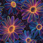 Neon Daisy Pattern 4 Fabric featuring vibrant multicolor daisies, bright yellow, purple, pink, blue, floral design, dark background, premium, textile, vibrant colors, decorative fabric, cotton textile, floral motif, quilting material, colorful blossoms.