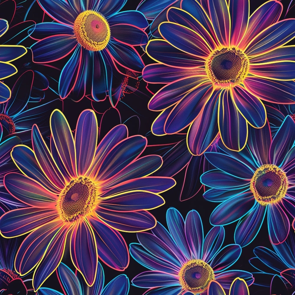 Neon Daisy Pattern 4 Fabric featuring vibrant multicolor daisies, bright yellow, purple, pink, blue, floral design, dark background, premium, textile, vibrant colors, decorative fabric, cotton textile, floral motif, quilting material, colorful blossoms.