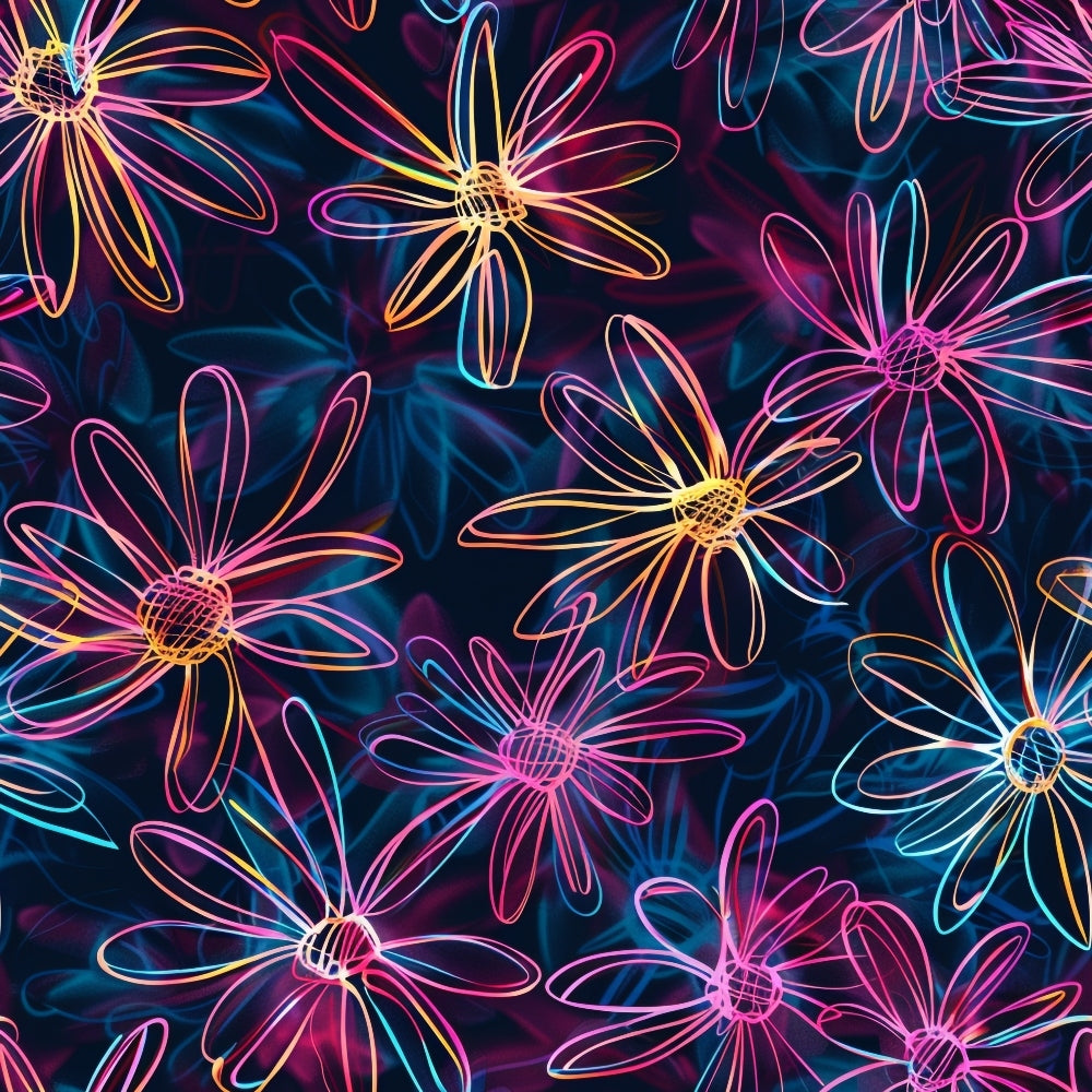 '- Neon Daisy Pattern 5 Fabric - Floral design - Bright colors - Pink, yellow, blue outlines - Dark background - Vibrant, glowing effect - Lightweight cotton material - Artistic flower motifs - Soft texture - Decorative textile