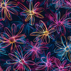 '- Neon Daisy Pattern 5 Fabric - Floral design - Bright colors - Pink, yellow, blue outlines - Dark background - Vibrant, glowing effect - Lightweight cotton material - Artistic flower motifs - Soft texture - Decorative textile