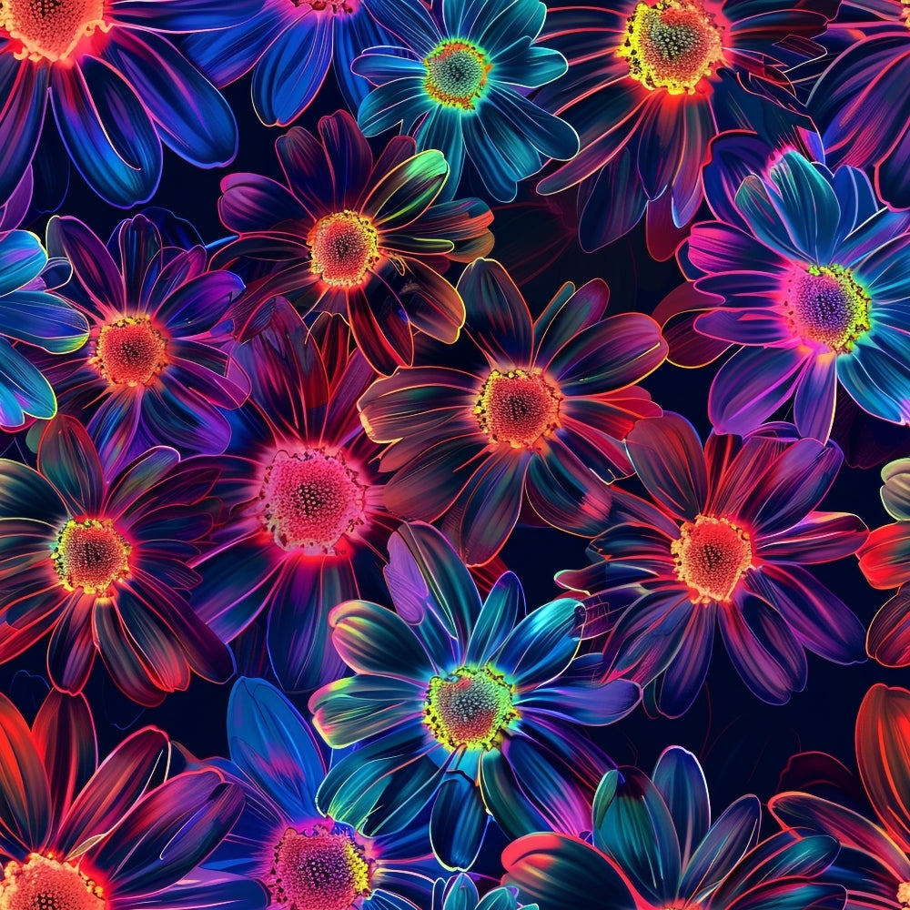 '- Neon Daisy Pattern 6 Fabric - - Floral design - Neon colors - Bright flowers - Multicolor petals - Dark background - Vibrant fabric - Soft texture - Decorative textile - Craft material