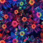 '- Neon Daisy Pattern 6 Fabric - - Floral design - Neon colors - Bright flowers - Multicolor petals - Dark background - Vibrant fabric - Soft texture - Decorative textile - Craft material