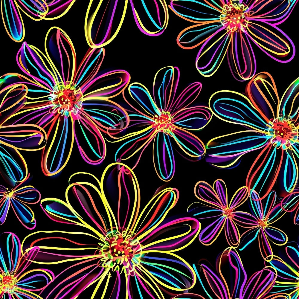 Neon Daisy Pattern 7 Fabric, floral design, bright colors, neon hues, black background, quilting material, cotton textile, vibrant petals, multi-colored flowers, fabric yardage, premium cotton, colorful blossoms, artistic fabric, sewing material, cheerful pattern