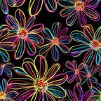 Neon Daisy Pattern 7 Fabric, floral design, bright colors, neon hues, black background, quilting material, cotton textile, vibrant petals, multi-colored flowers, fabric yardage, premium cotton, colorful blossoms, artistic fabric, sewing material, cheerful pattern