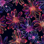 '- Neon Daisy Pattern 8 Fabric - Bright floral design - Neon pink, purple, orange, yellow colors - material - Glowing flower outlines - Black background - Vibrant, soft texture - Premium quilting fabric - Artistic floral print - Decorative fabric yardage
