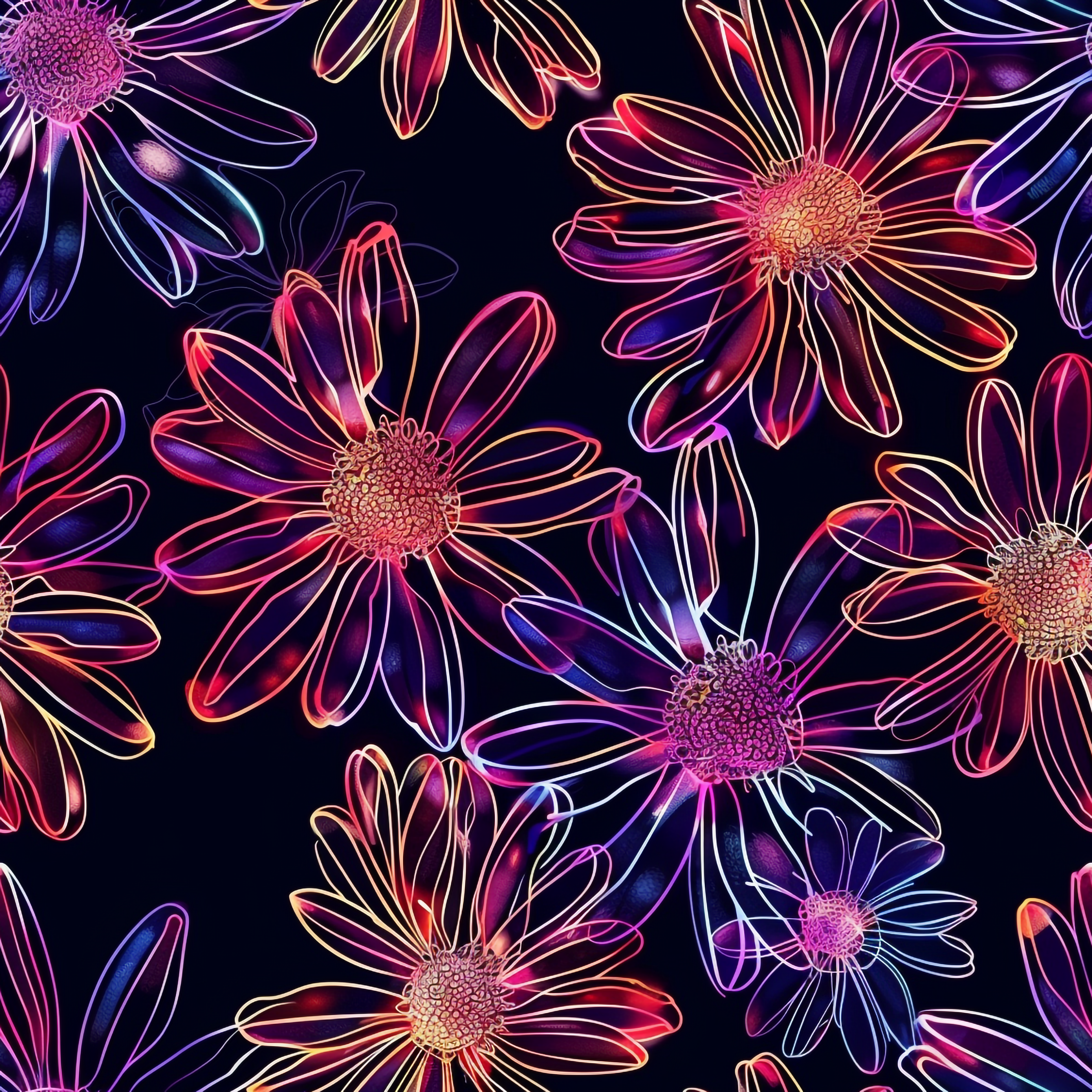 '- Neon Daisy Pattern 8 Fabric - Bright floral design - Neon pink, purple, orange, yellow colors - material - Glowing flower outlines - Black background - Vibrant, soft texture - Premium quilting fabric - Artistic floral print - Decorative fabric yardage